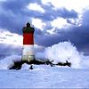 tree_and_leaf: Red and white striped lighthouse, being hit by wave (lighthouse)