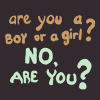 forthwritten: text on a dark background: "are you a boy or a girl?" "no. are you?" (non-binary)