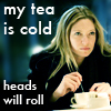 elfin: image: olivia with teacup; text: my tea is cold. heads will roll (fringe.olivia tea)