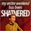 athousandsmiles: Shatner as Kirk with a humorous expression. The caption is "my entire weekend has been Shatnered." (Shatnered)