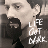 automaticdoor: abed from community wearing a felt goatee, text says 'life got dark' (evil abed life got dark)