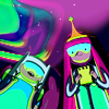 mariseth: Princess Bubblegum and Finn look down, and a psychedelically multicolored cacophany of light reflects up onto them. (SCIENCE // Princess Bubblegum and Finn t)