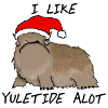 katherine: The Alot (a shaggy brown beast) wearing a santa hat. Words: I LIKE YULETIDE ALOT (santa hat on alot)