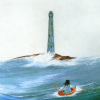 muccamukk: Painting of a very small boat surrounded by big waves, lighthouse in background. (Lights: Little Boat in a Big Sea)