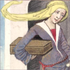 monksandbones: A medieval manuscript illustration of a woman wearing a trailing cloth over her hair, carrying a large book or box. (ten o'clock medievalist)