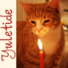 tessercat: An orange tabby cat sniffing a candle, text says "Yuletide" (yuletide)
